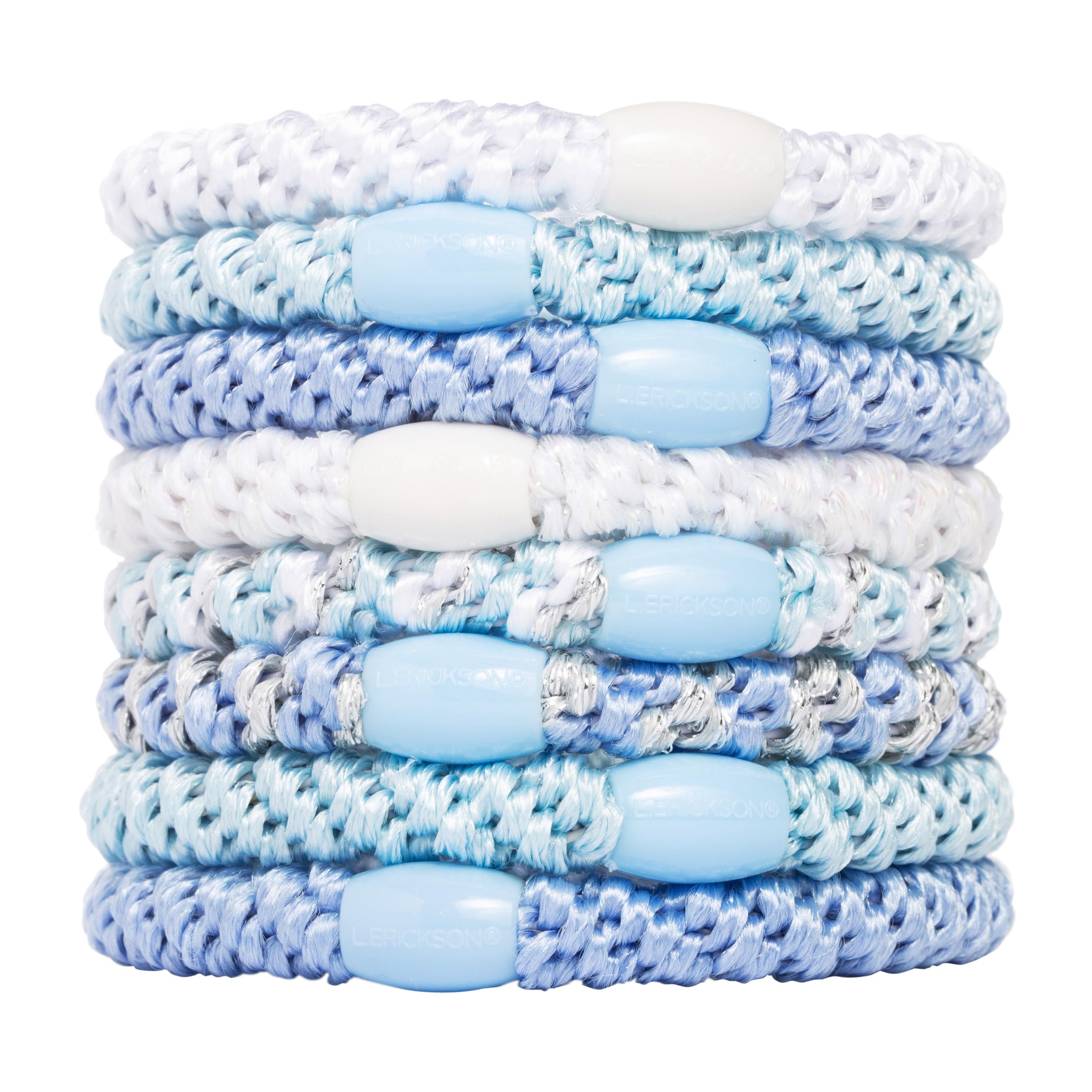 L. Erickson blue and white hair ties closeup showing strong hold for thick hair
