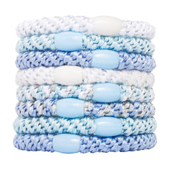 L. Erickson blue and white hair ties closeup showing strong hold for thick hair