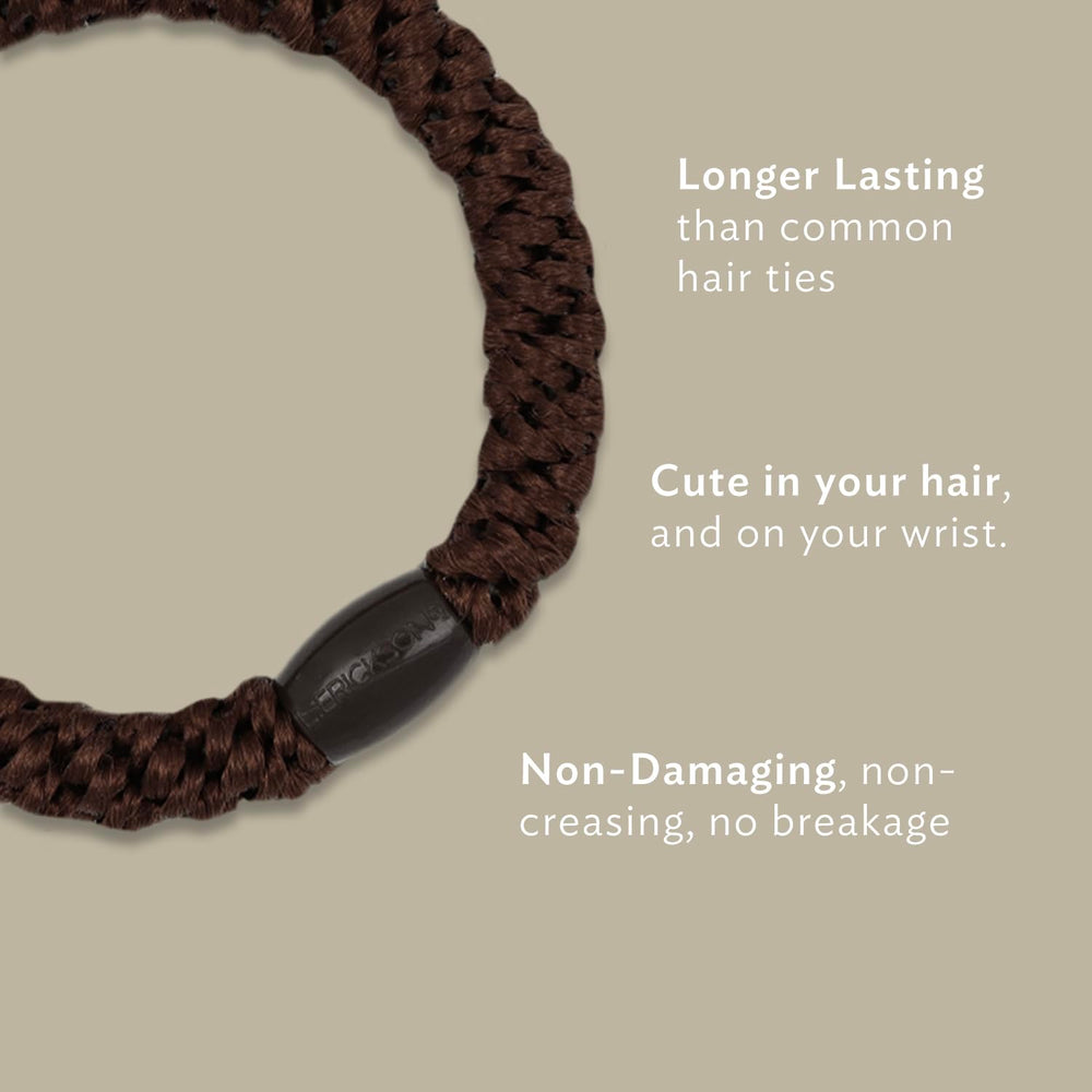 L. Erickson hair ties with elastic core for slip-free hold.