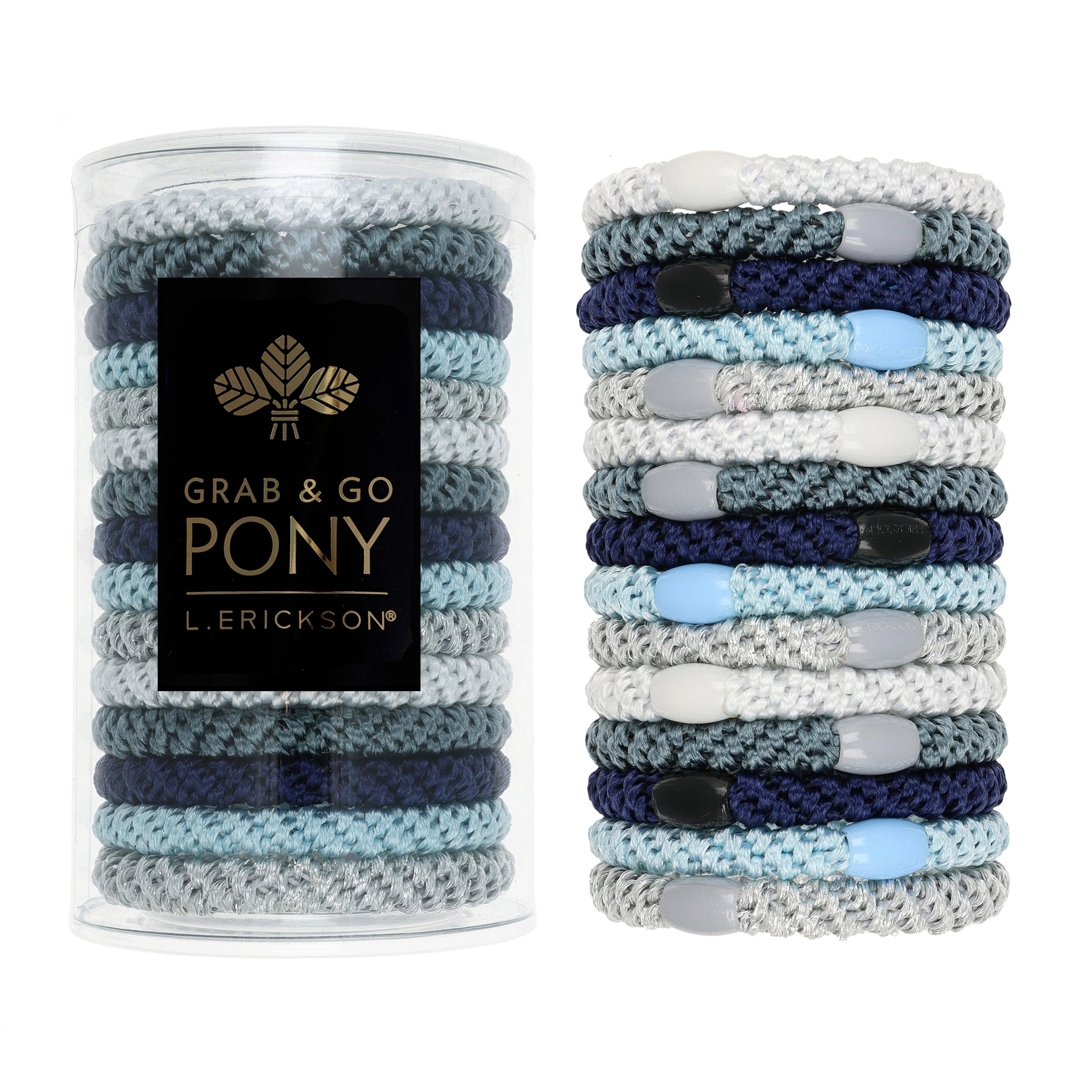 L. Erickson Grab and Go Ponytail Holders Atlantic 15-pack tube for quick, secure hairstyles.