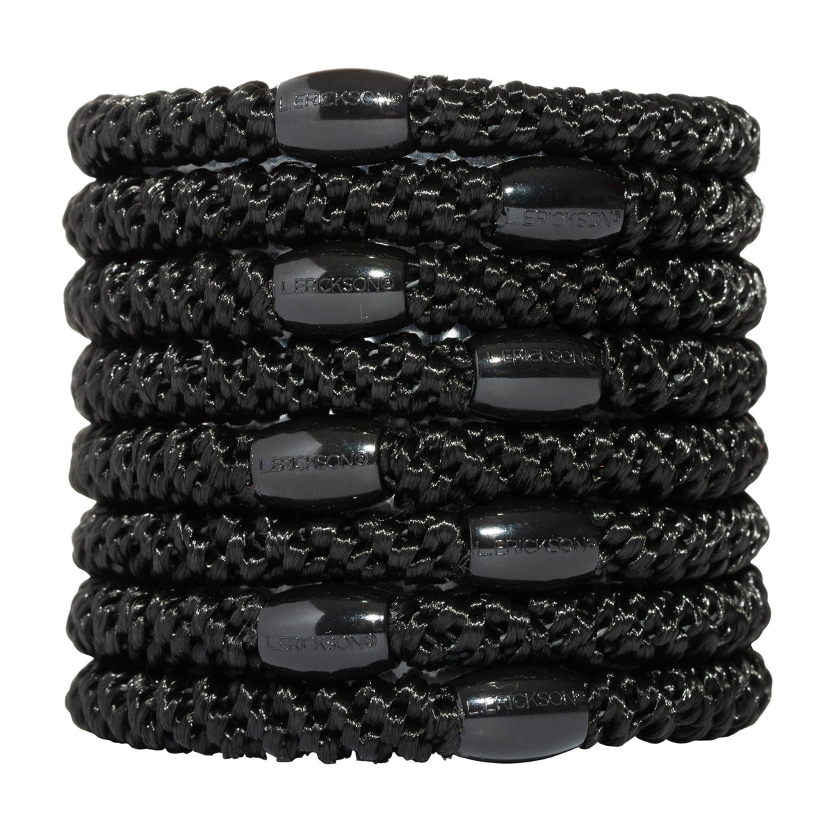 L. Erickson Grab & Go ponytail holders in black, eight-pack, secure for thick hair.