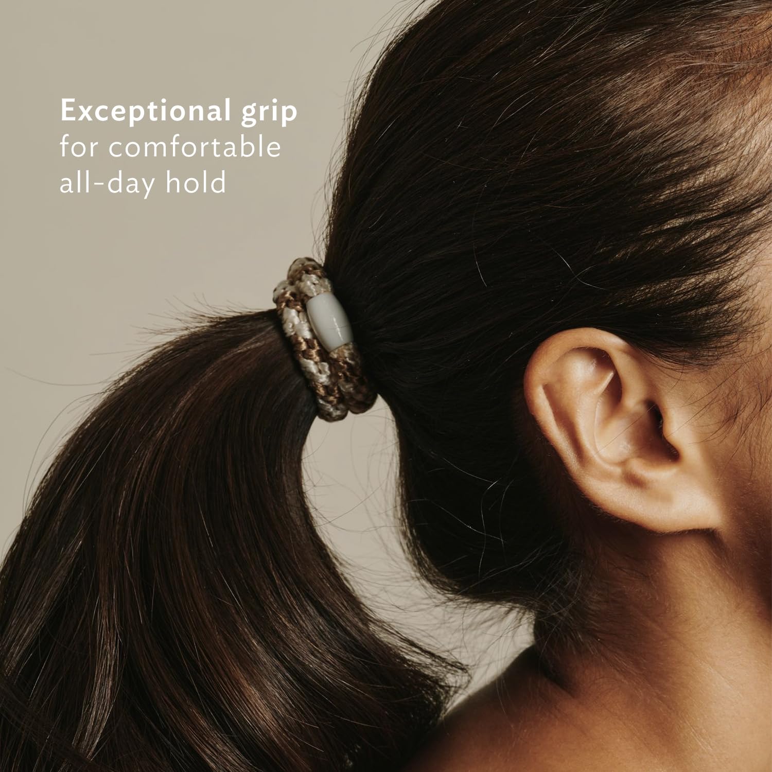 L. Erickson thick 3/8-inch bands secure heavy ponytails without creasing.