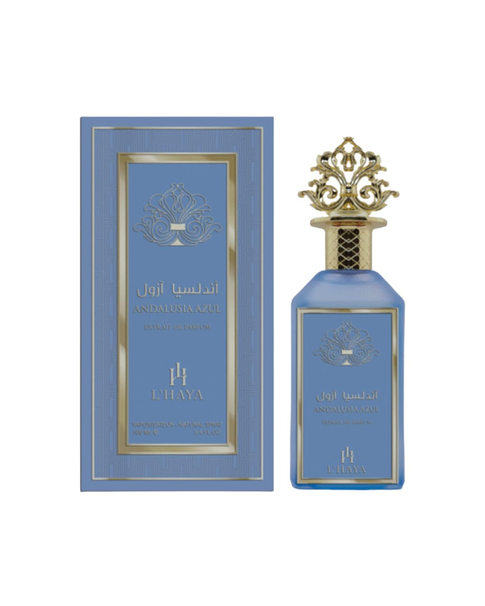 L'haya Andalusia Azul perfume bottle front view, everyday luxury for refined scent moments