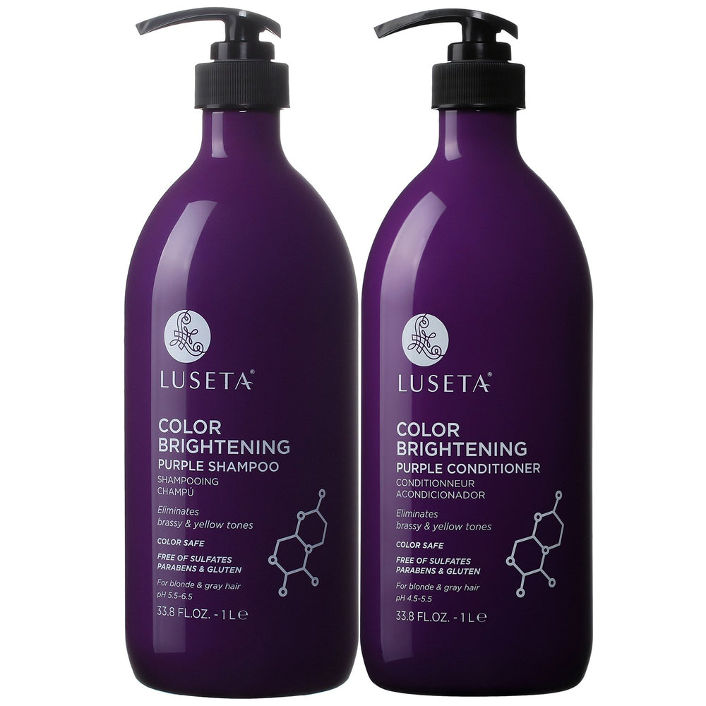 L LUSETA purple shampoo bottle enhances blonde and gray tones gently.