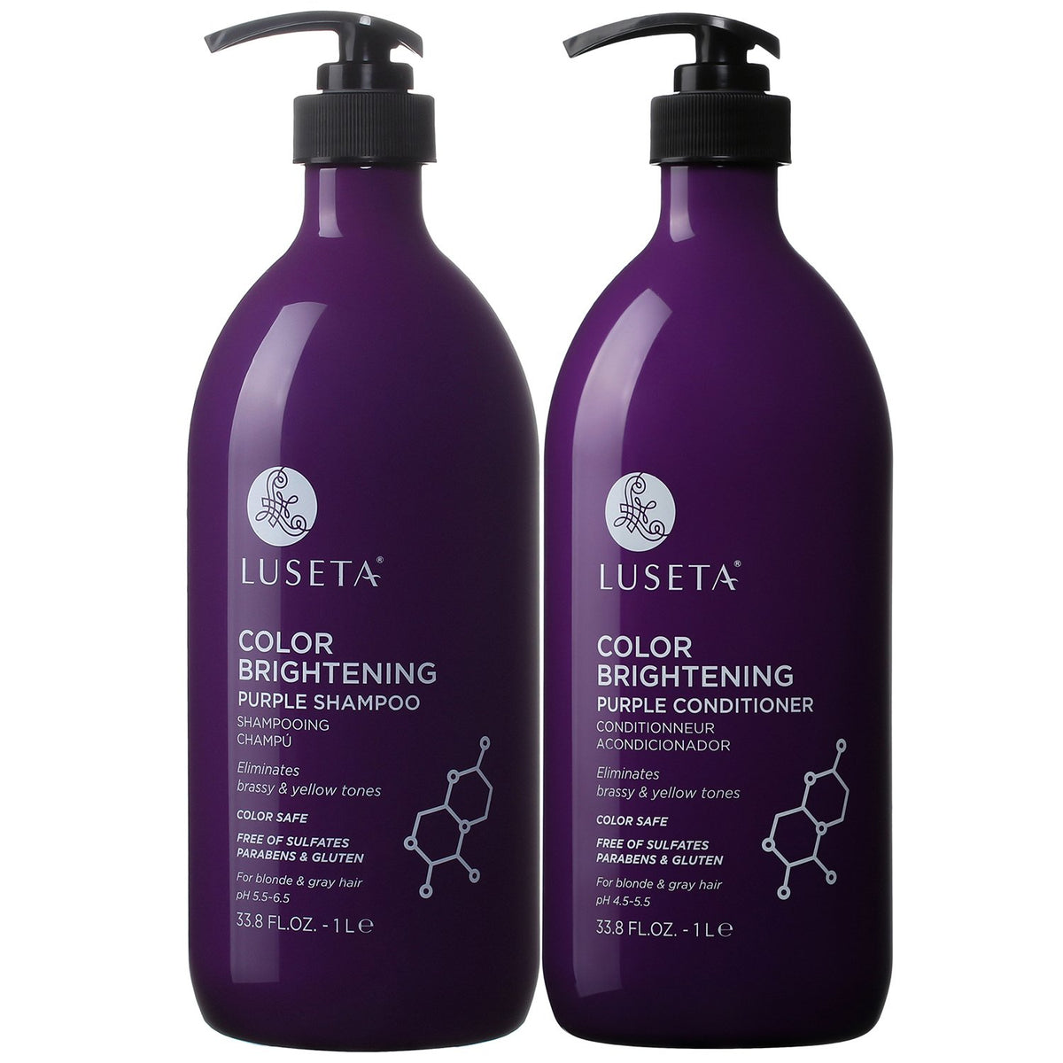 L LUSETA purple shampoo bottle enhances blonde and gray tones gently.