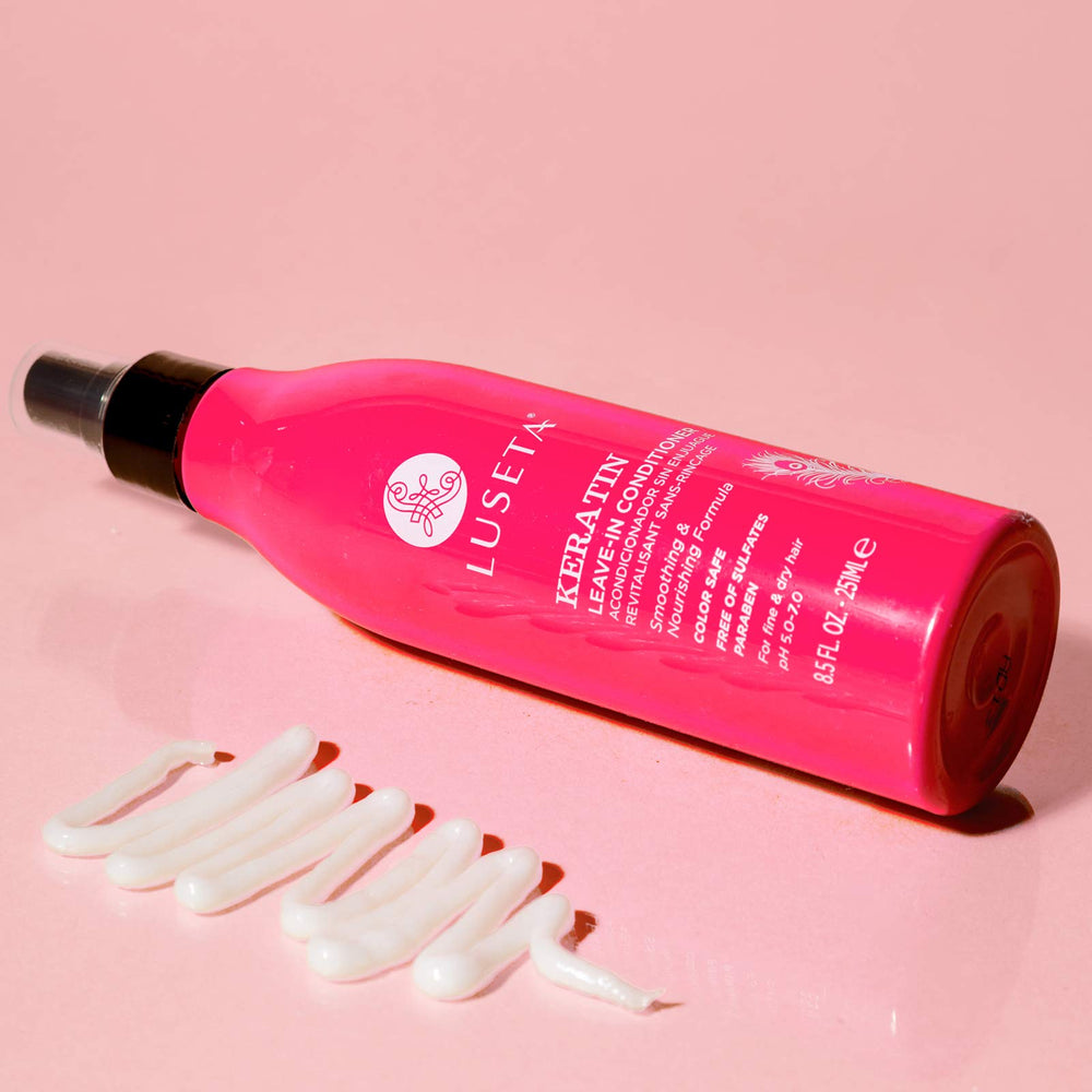 Luseta Keratin Leave-In Conditioner application close-up showing smoothing effect