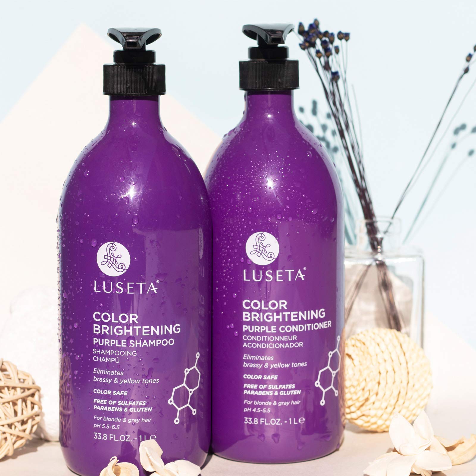 L LUSETA purple conditioner closeup illustrates glossy, frizz-controlled strands.