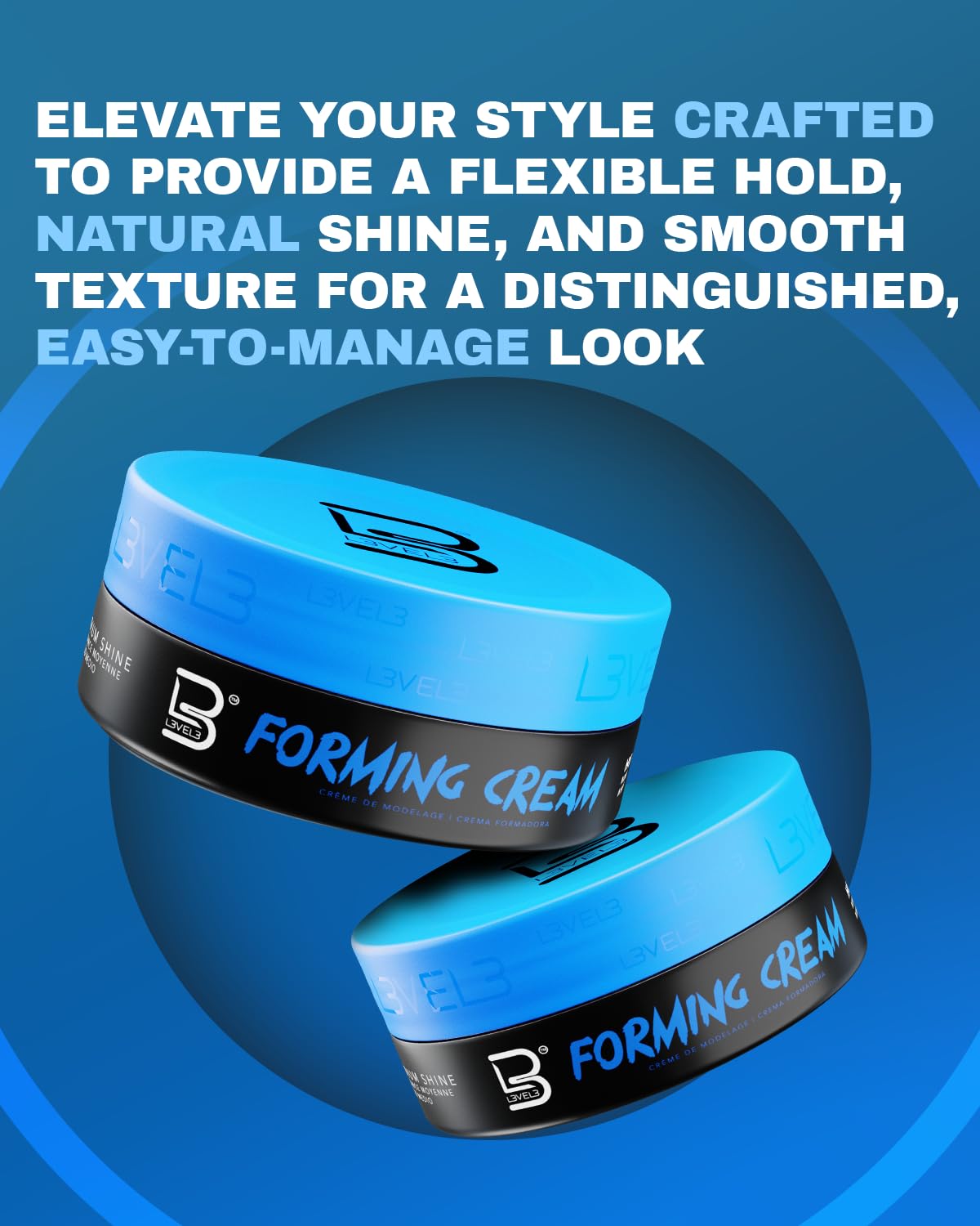 L3 Level 3 Forming Cream bottle close-up emphasizes smooth texture and medium hold.
