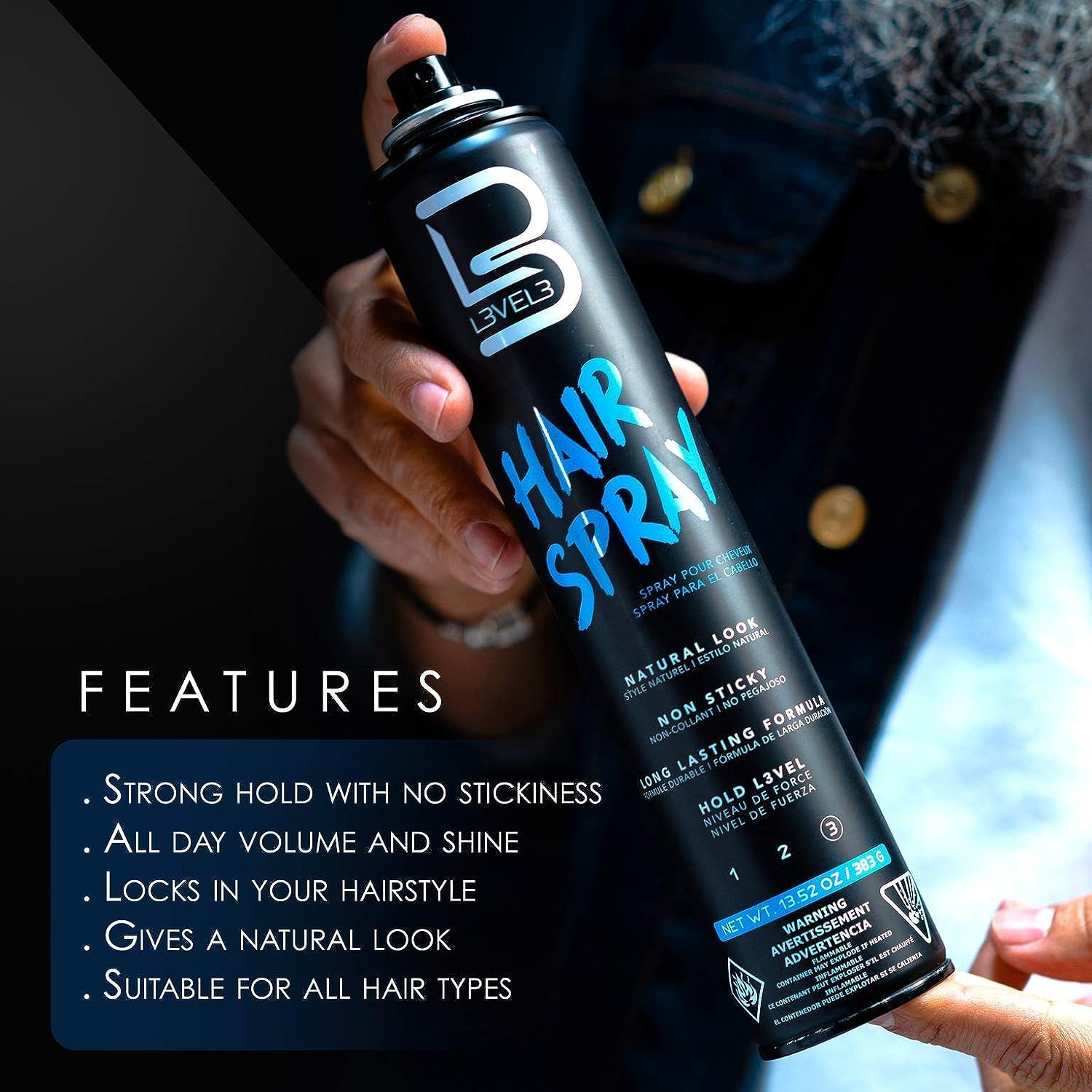 L3 Level 3 Hair Spray provides lift and texture for styled looks.