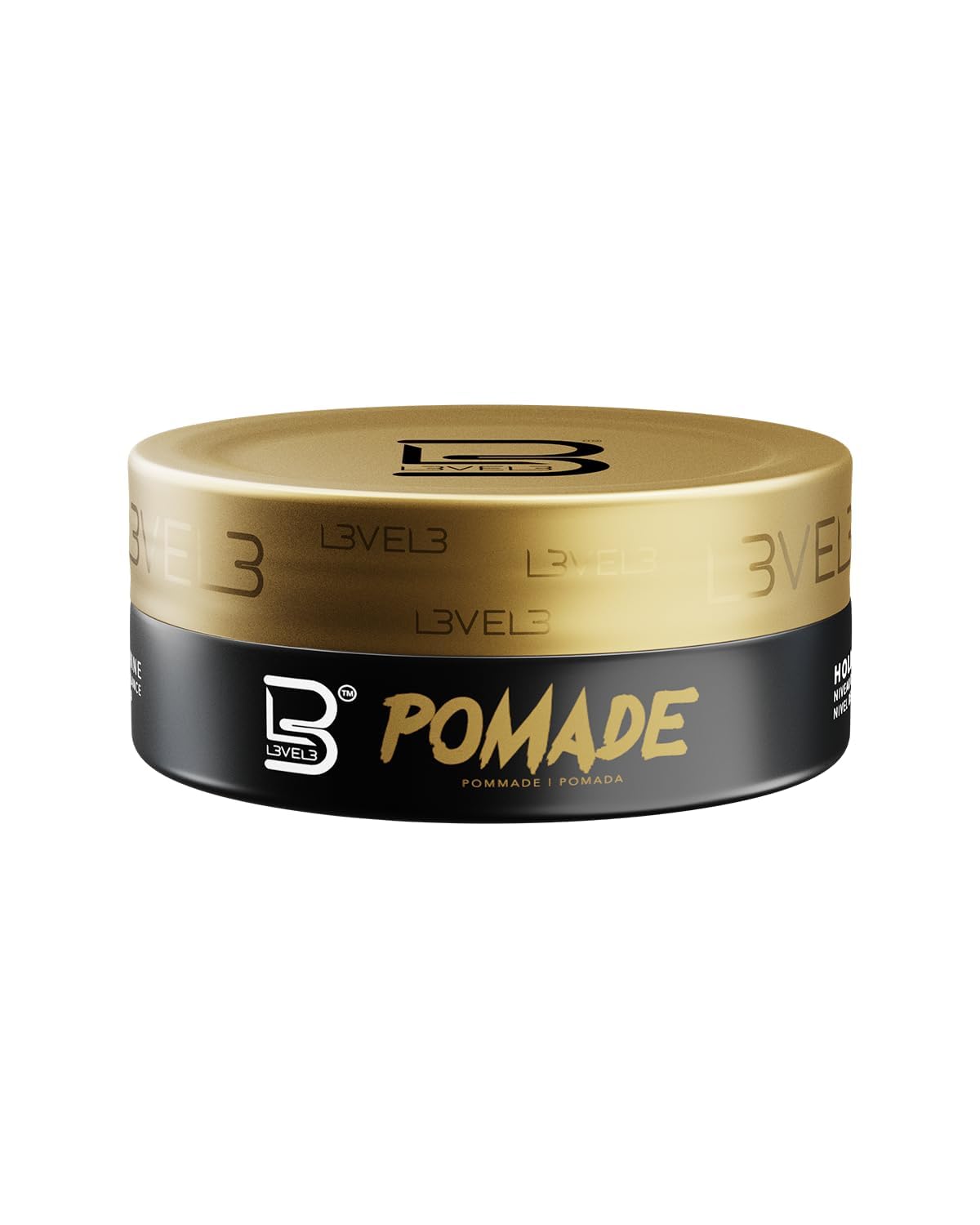 L3 Level 3 Pomade bottle front shows premium hold and shine.
