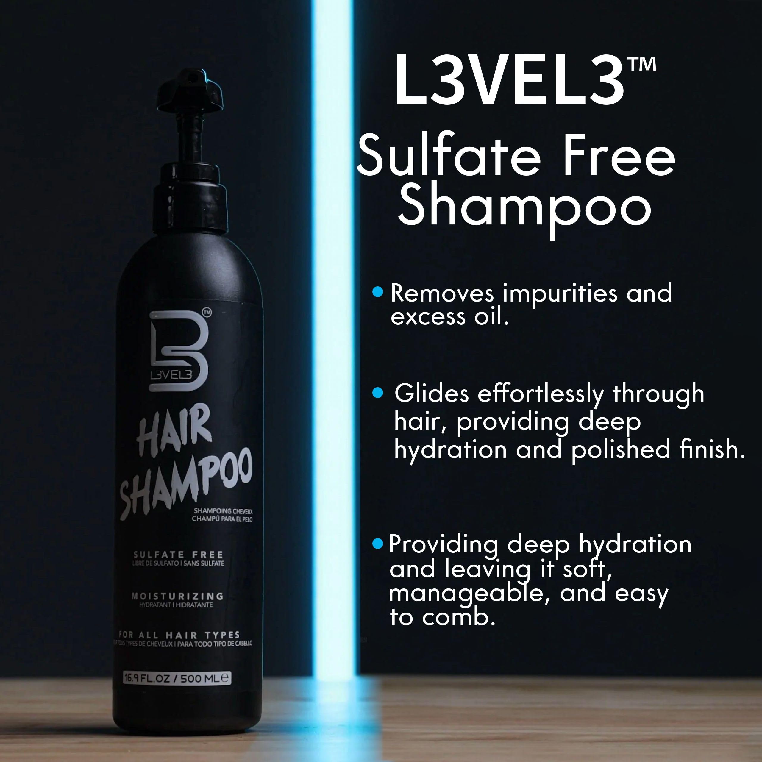 L3 Level3 sulfate-free shampoo label close-up highlights clean formula and paraben-free claim