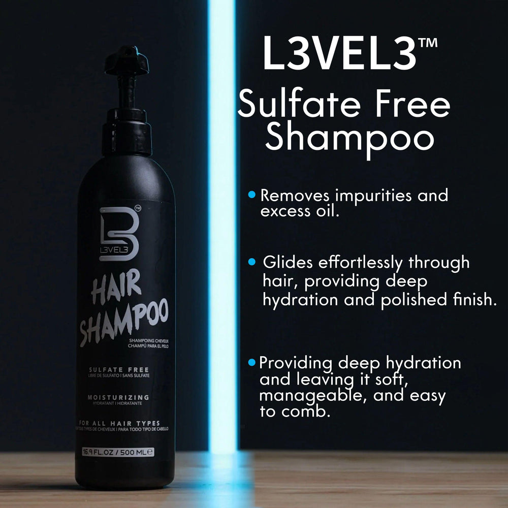L3 Level3 sulfate-free shampoo label close-up highlights clean formula and paraben-free claim