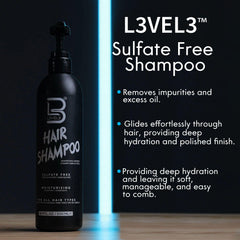 L3 Level3 sulfate-free shampoo label close-up highlights clean formula and paraben-free claim