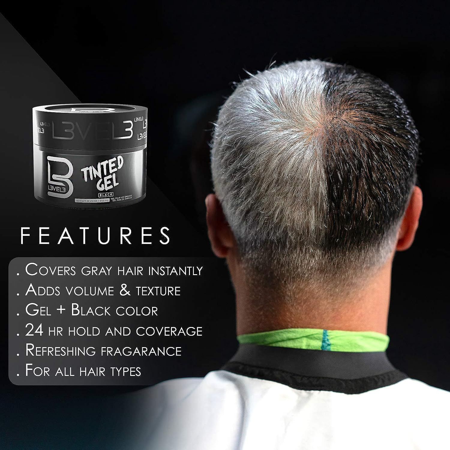 L3 Tinted Gel Black model hair look highlighting temporary tint and clean appearance.