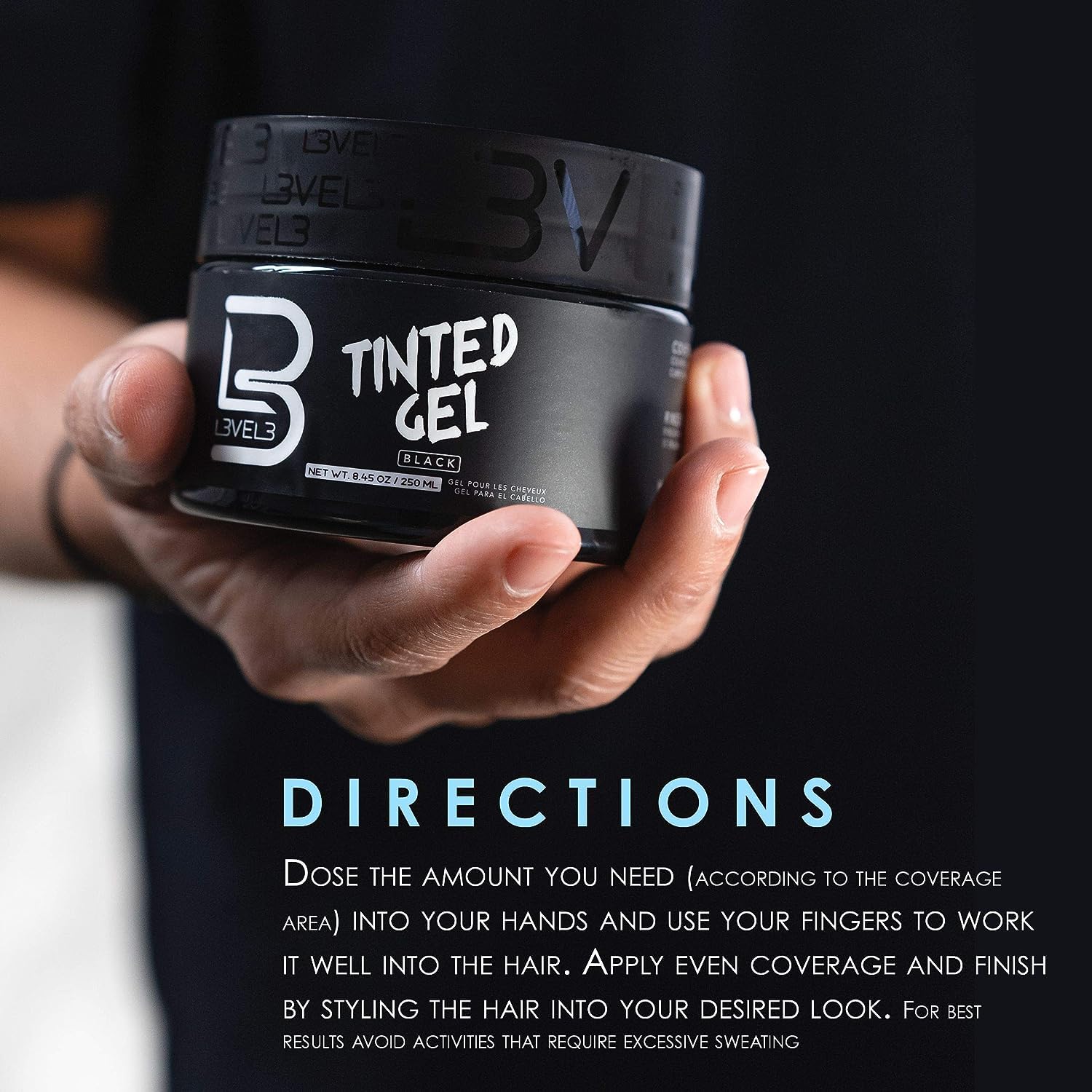 L3 Tinted Gel Black tube close-up highlights strong hold without flaking.