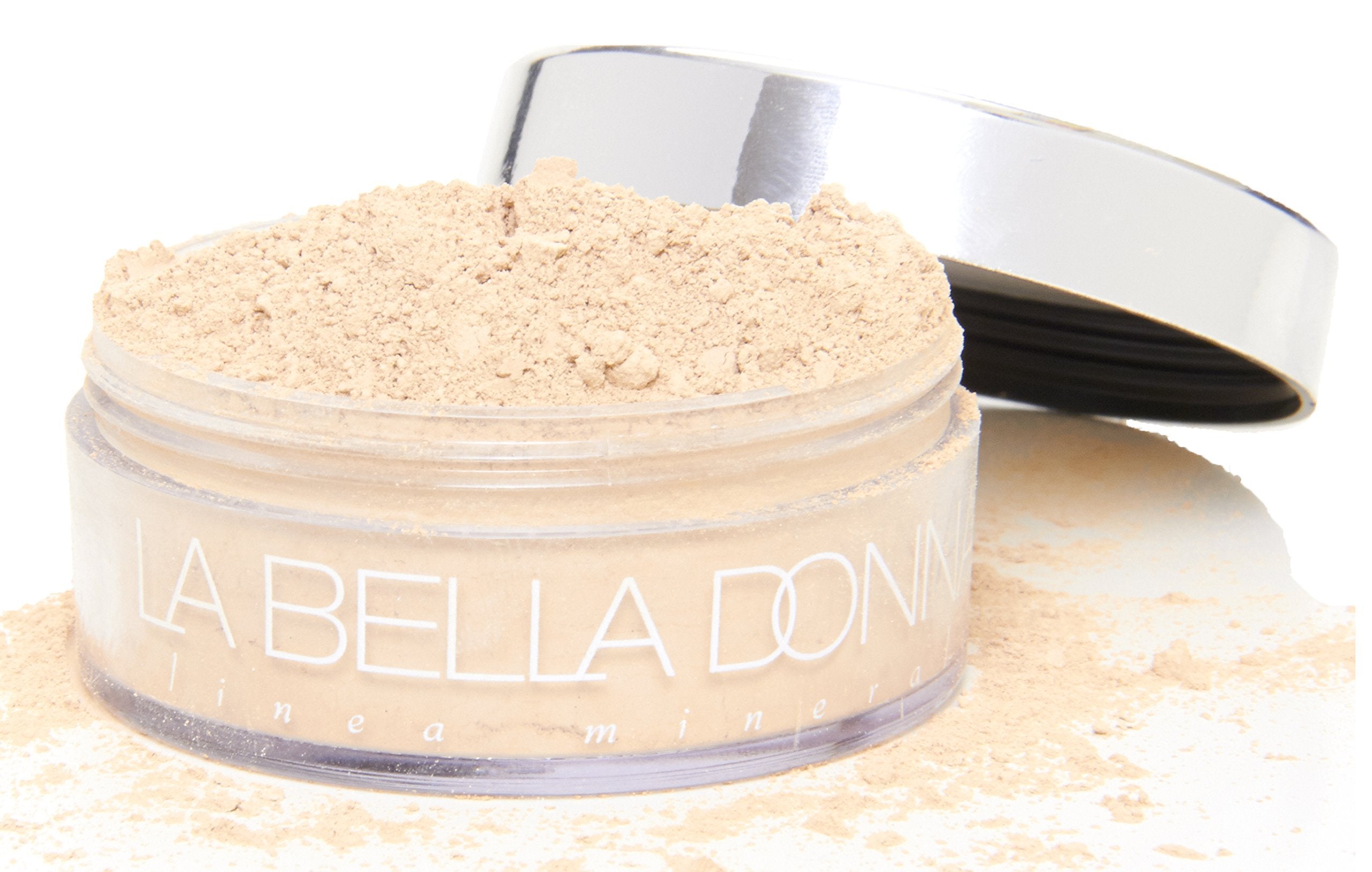 La Bella Donna loose mineral foundation 10g jar close-up showing natural semi-matte finish