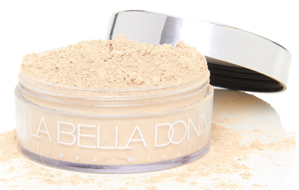 La Bella Donna loose mineral foundation 10g jar close-up showing natural semi-matte finish