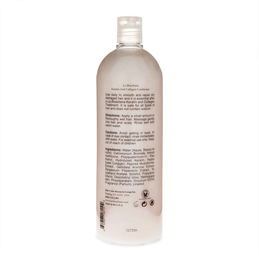 La-Brasiliana Due conditioner label close-up highlighting keratin and collagen benefits