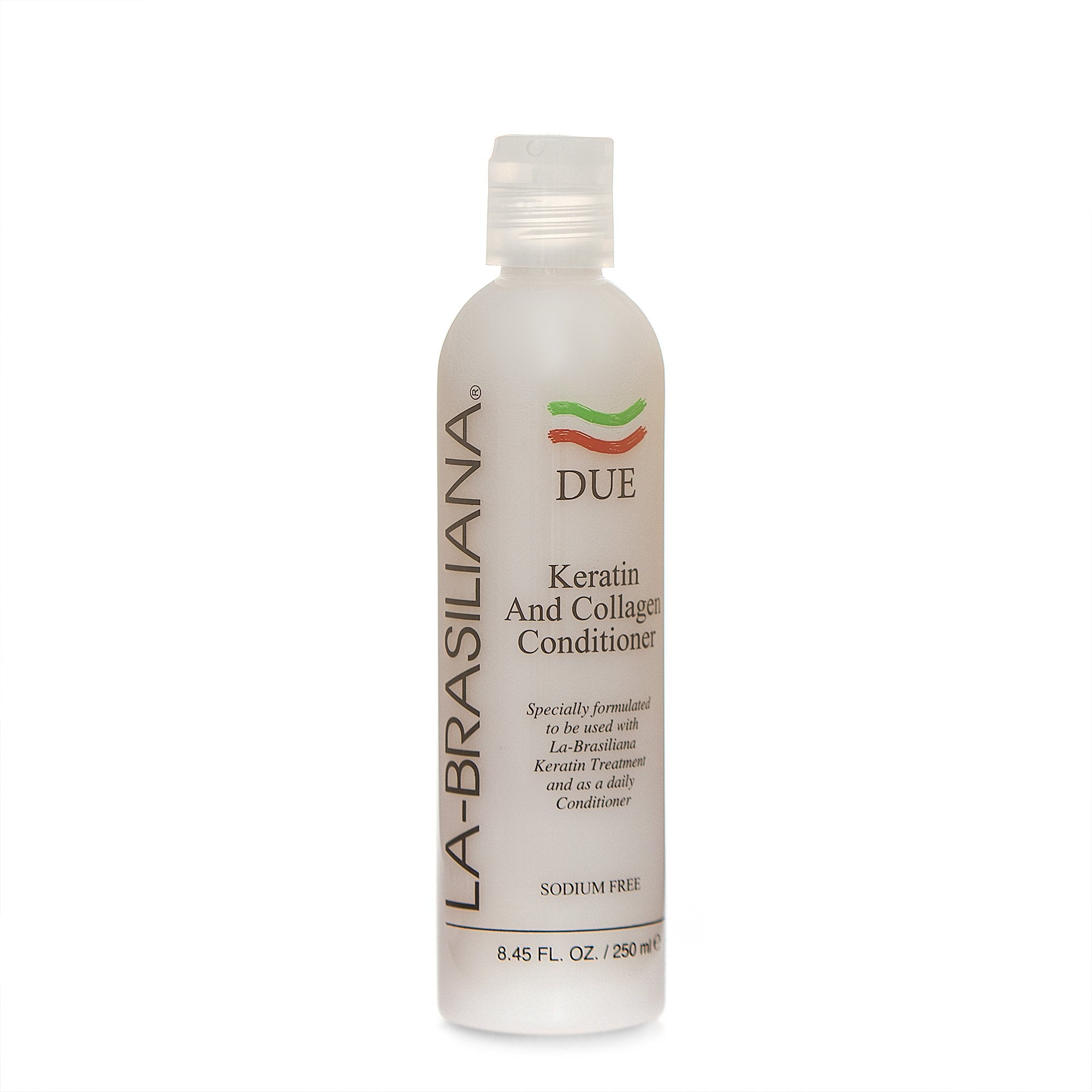 La-Brasiliana Due Keratin and Collagen Conditioner bottle pouring for smoother hair.