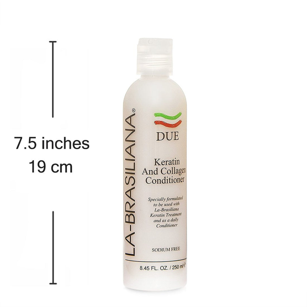 La-Brasiliana Due Keratin and Collagen Conditioner packaging highlighting keratin and collagen benefits.