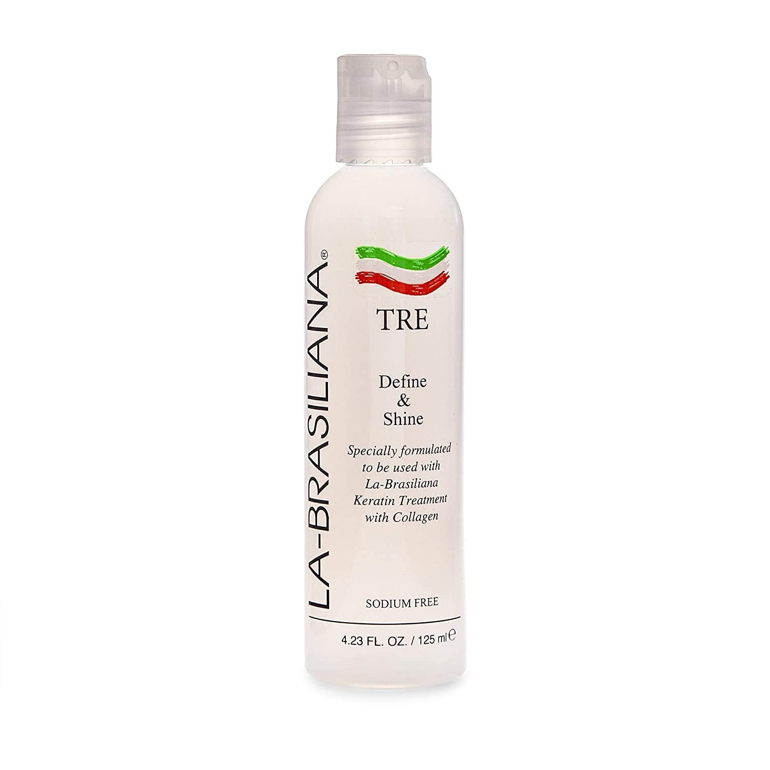 La-Brasiliana Tre Define Shine bottle showing post-keratin moisture sealing.