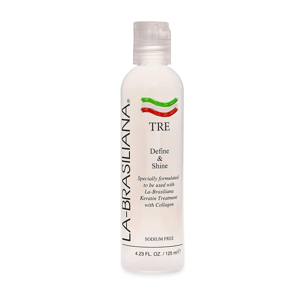 La-Brasiliana Tre Define Shine bottle showing post-keratin moisture sealing.
