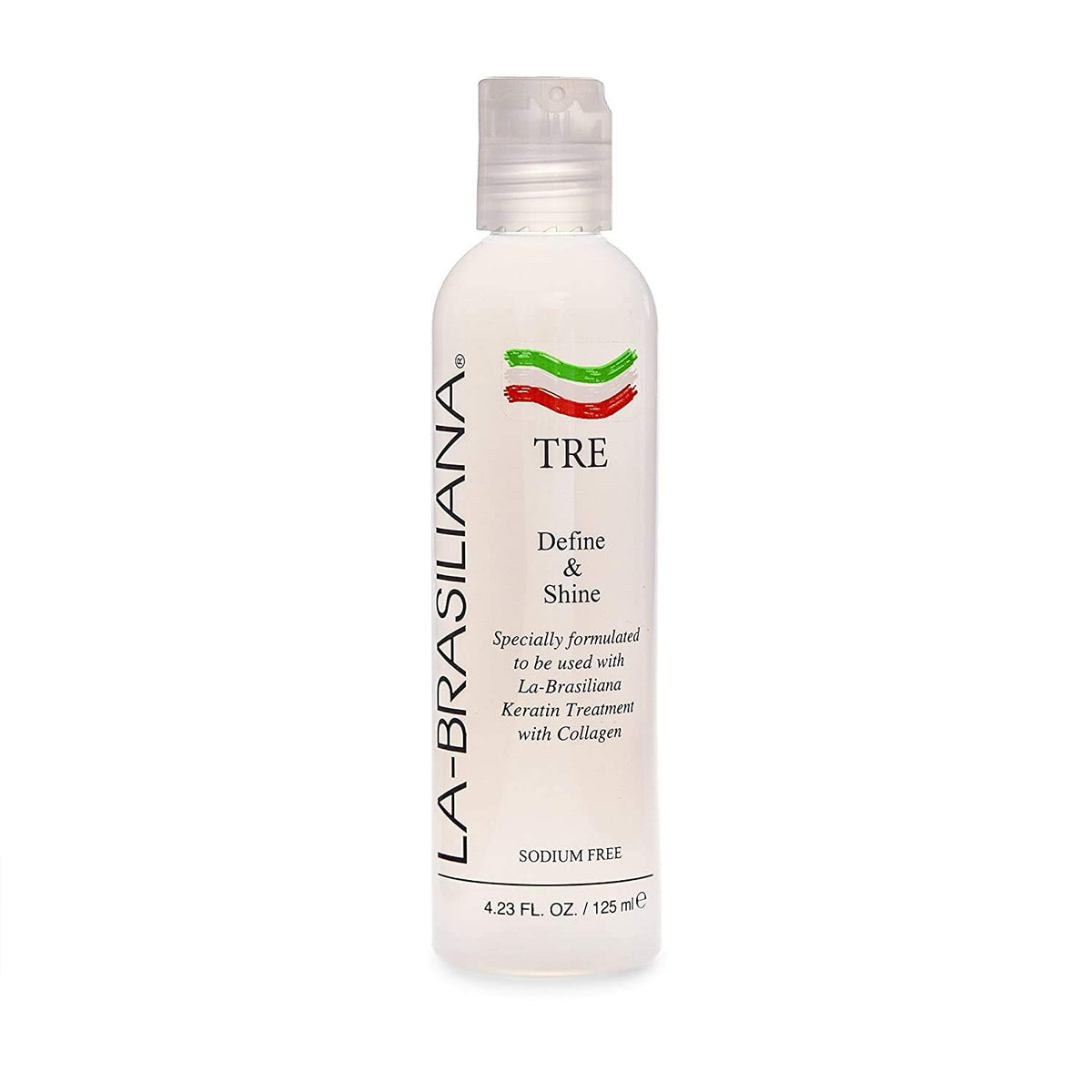 La-Brasiliana Tre Define Shine bottle showing post-keratin moisture sealing.