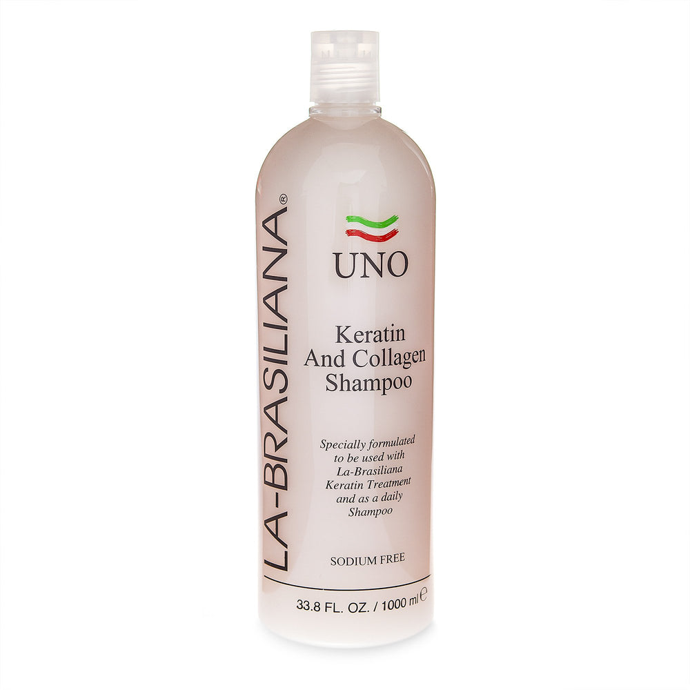 La-Brasiliana Uno Keratin Shampoo bottle front, helps restore shine for chemically treated hair.