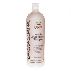 La-Brasiliana Uno Keratin Shampoo bottle front, helps restore shine for chemically treated hair.