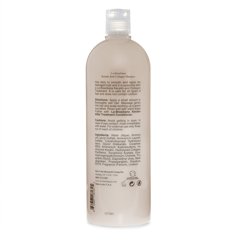 La-Brasiliana Uno Keratin Shampoo label closeup, features keratin and collagen for smoother strands.