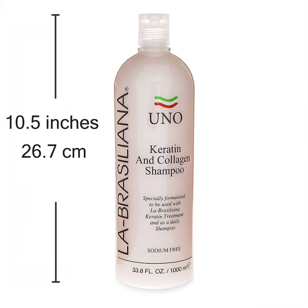 La-Brasiliana Uno Keratin Shampoo packaging, embodies a rich, sodium-free formula for everyday care.