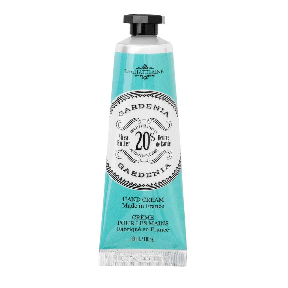 La Chatelaine Gardenia hand cream travel size bottle for on-the-go moisture.