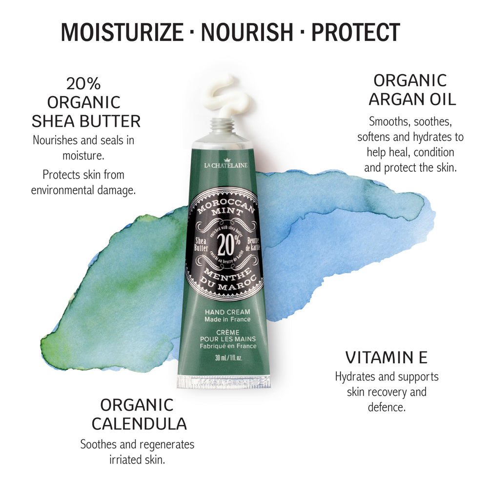 La Chatelaine hand cream texture close up showing creamy absorption.