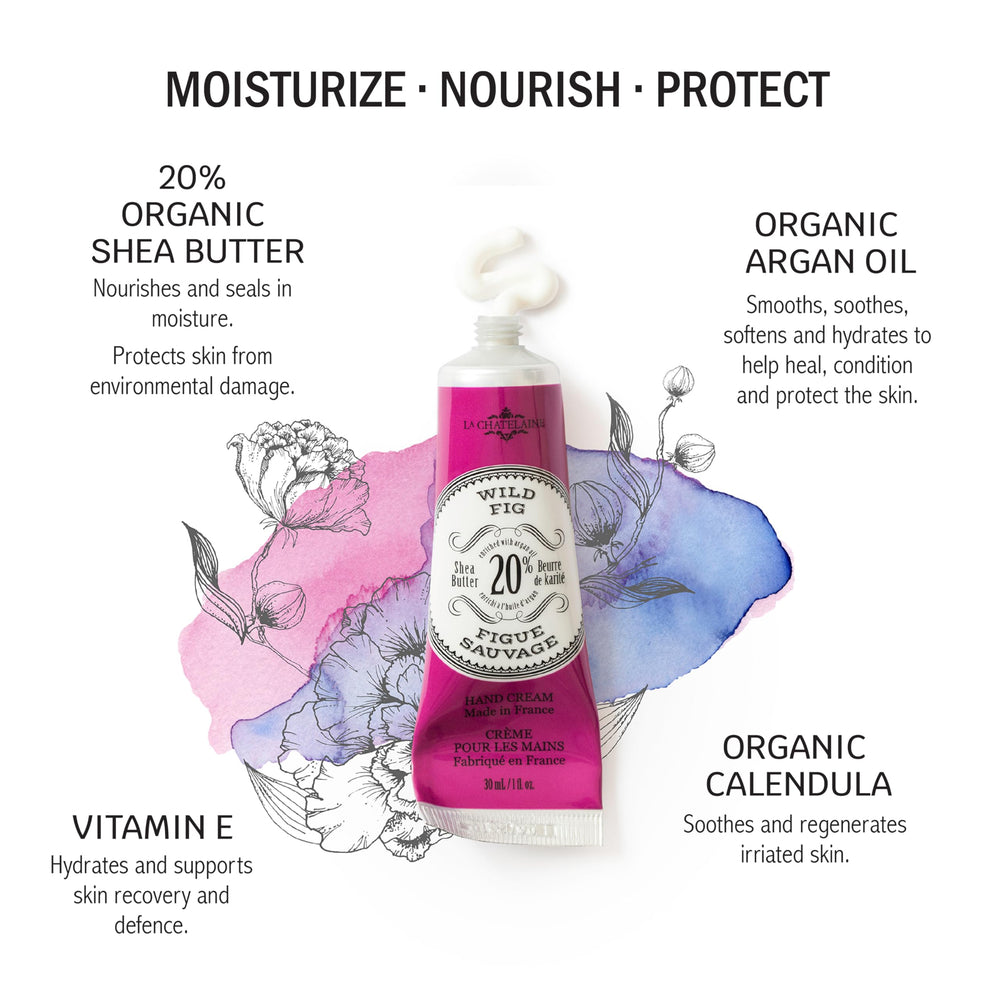 La Chatelaine Wild Fig hand cream set delivers instant hydration.