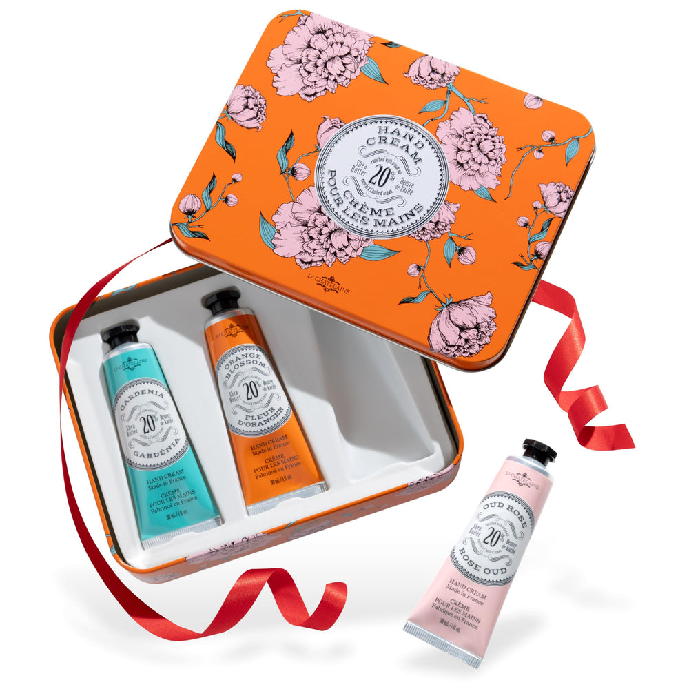 La Chatelaine hand cream trio tin packaging, gift-ready presentation.