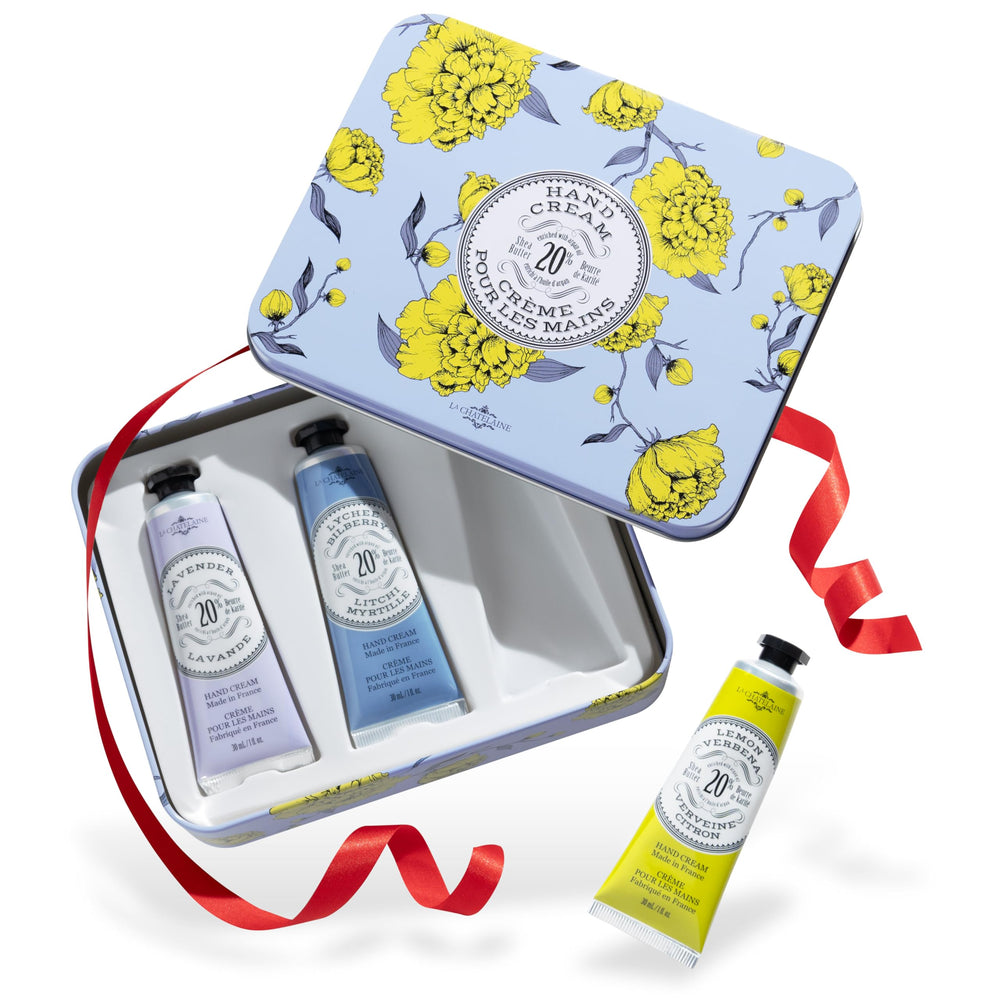 La Chatelaine hand cream trio tin, ideal for gifting and daily hand care.