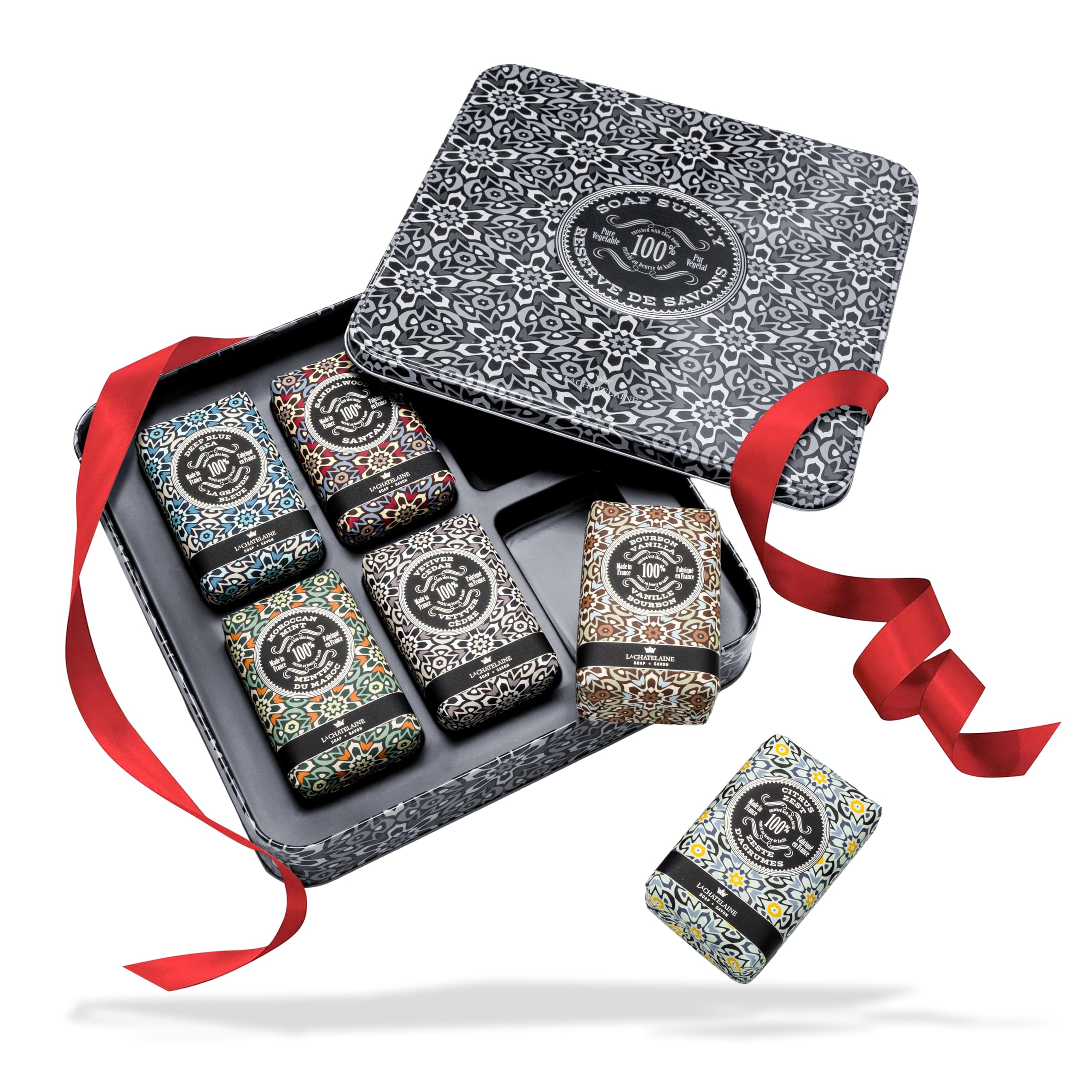La Chatelaine Soap Supply Tin Gift Set with premium triple-milled bars, perfect for gifting.