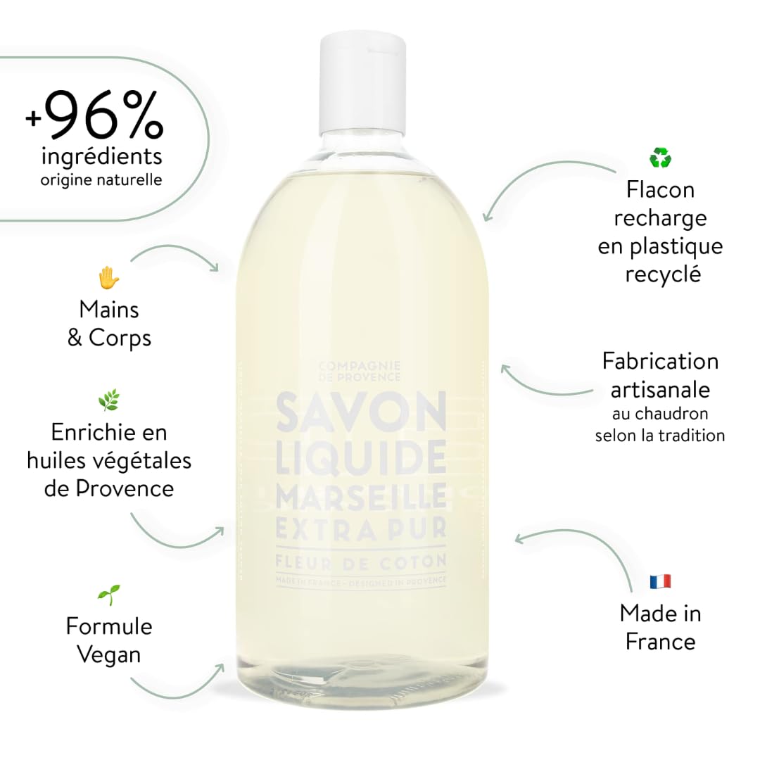 La Compagnie de Provence Cotton Flower liquid soap bottle pour, delivering a delicate fragrance for daily hand care.