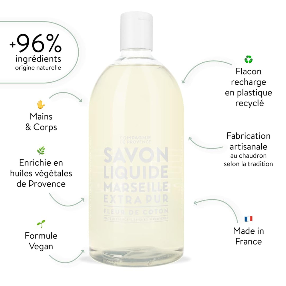 La Compagnie de Provence Cotton Flower liquid soap bottle pour, delivering a delicate fragrance for daily hand care.