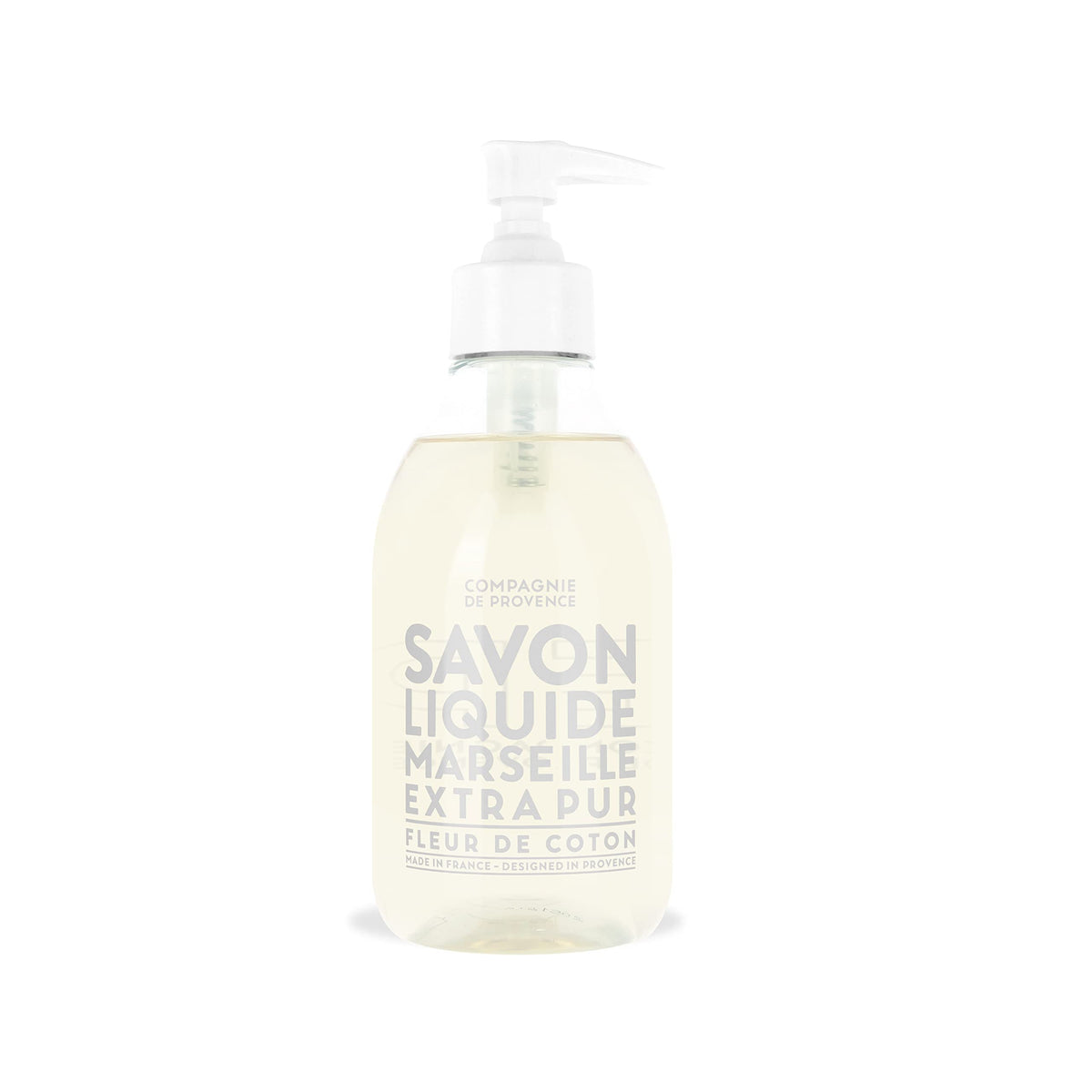 La Compagnie de Provence Cotton Flower liquid soap bottle with pump for easy hand washing.