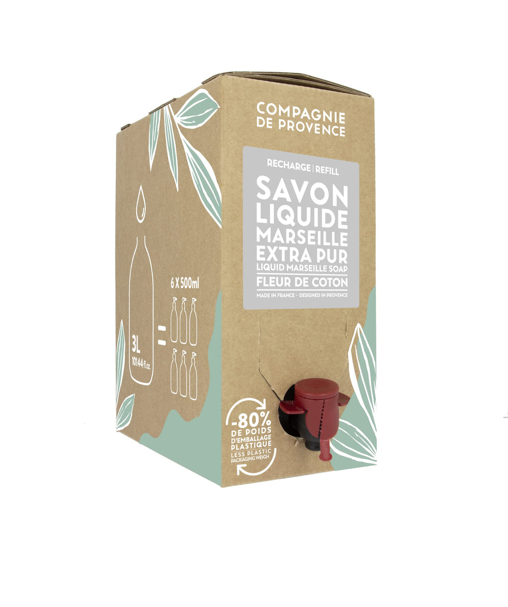 La Compagnie de Provence cotton flower refill bottle emphasizes eco-friendly refill