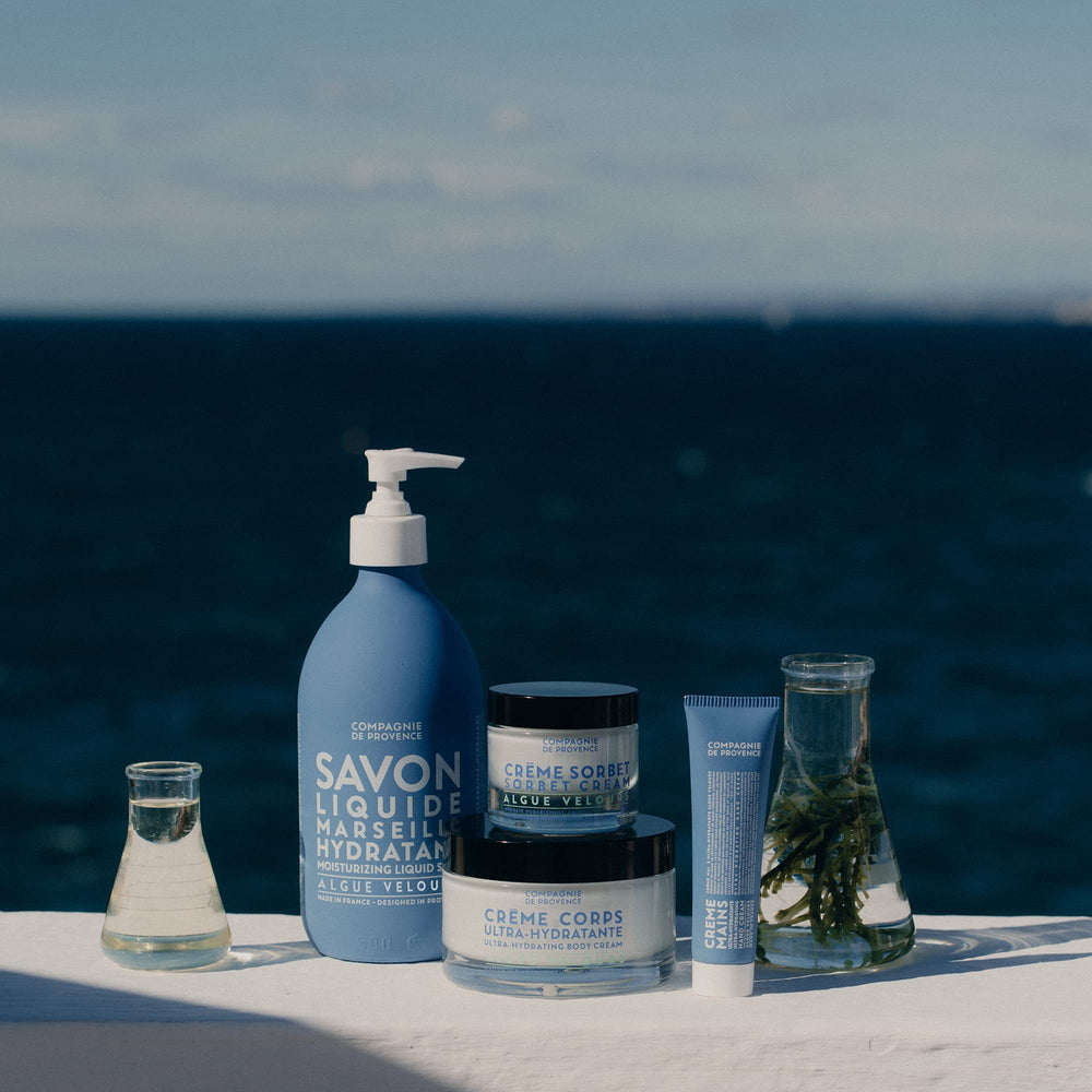 Close-up of velvet seaweed soap foam from La Compagnie de Provence, delivering gentle cleansing.