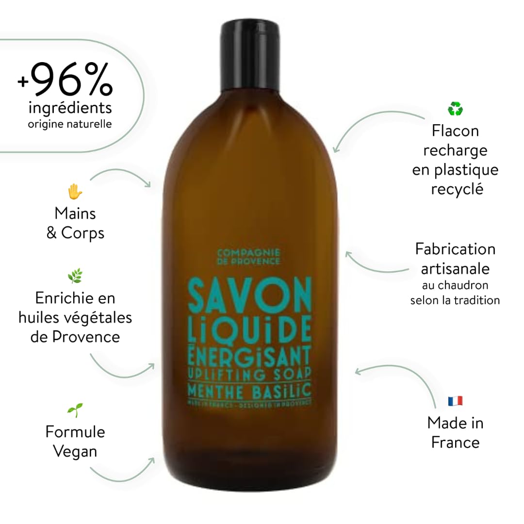 La Compagnie de Provence mint basil liquid soap foam close-up for gentle cleansing.