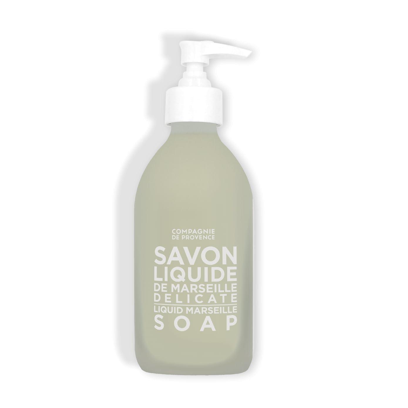 La Compagnie de Provence nourishing liquid soap bottle front view with elegant glass packaging.