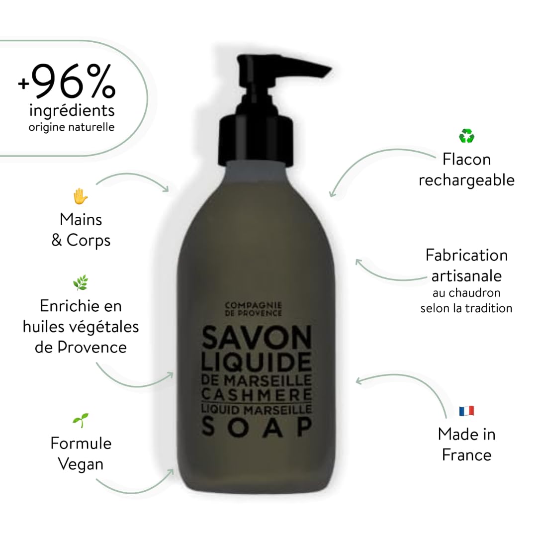 La Compagnie de Provence Nourishing Liquid Soap Cashmere label closeup highlighting premium branding.
