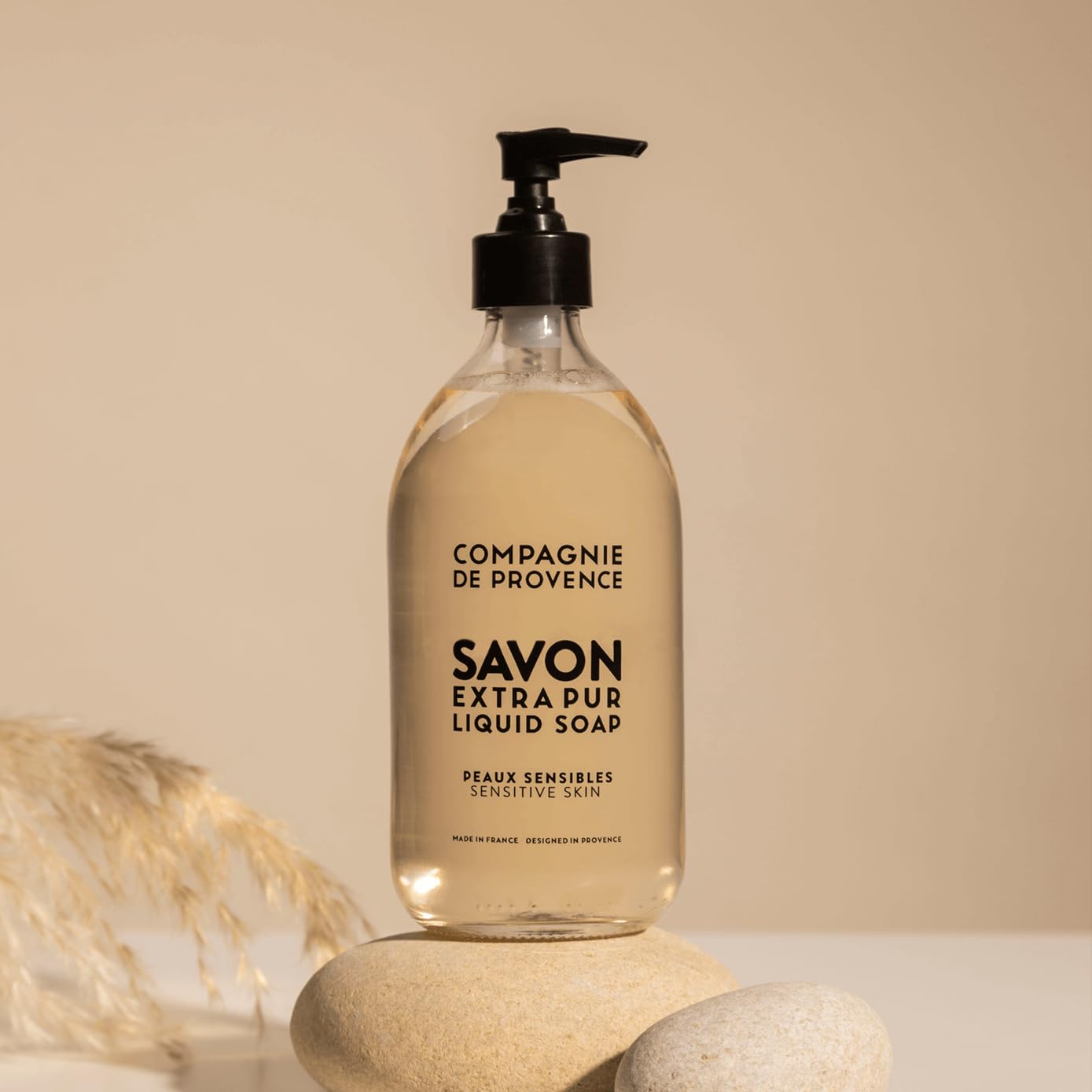 La Compagnie de Provence Savon de Marseille extra pure liquid soap pump bottle highlighting heritage.