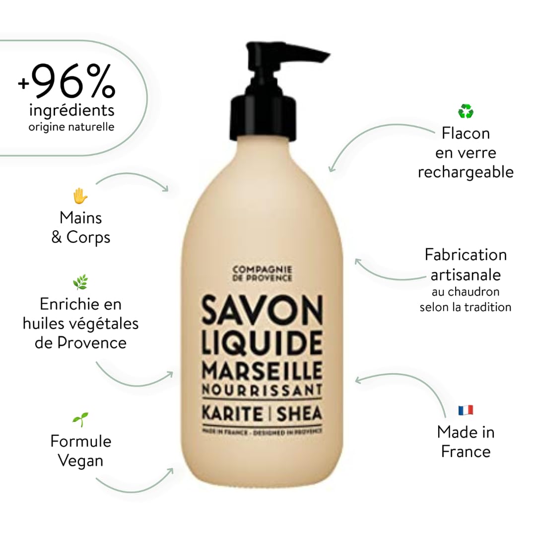 La Compagnie de Provence Savon Karité, flacon verre élégant.