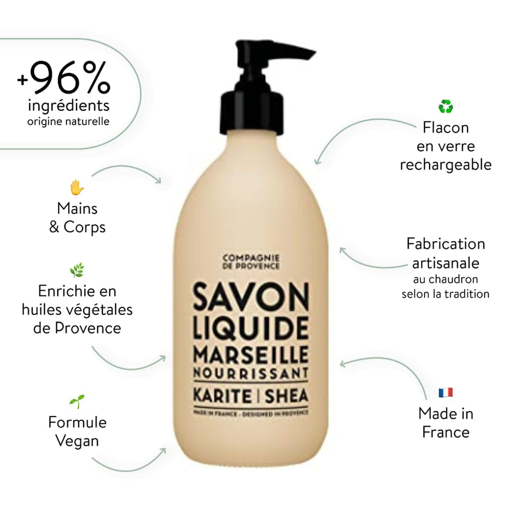 La Compagnie de Provence Savon Karité, flacon verre élégant.