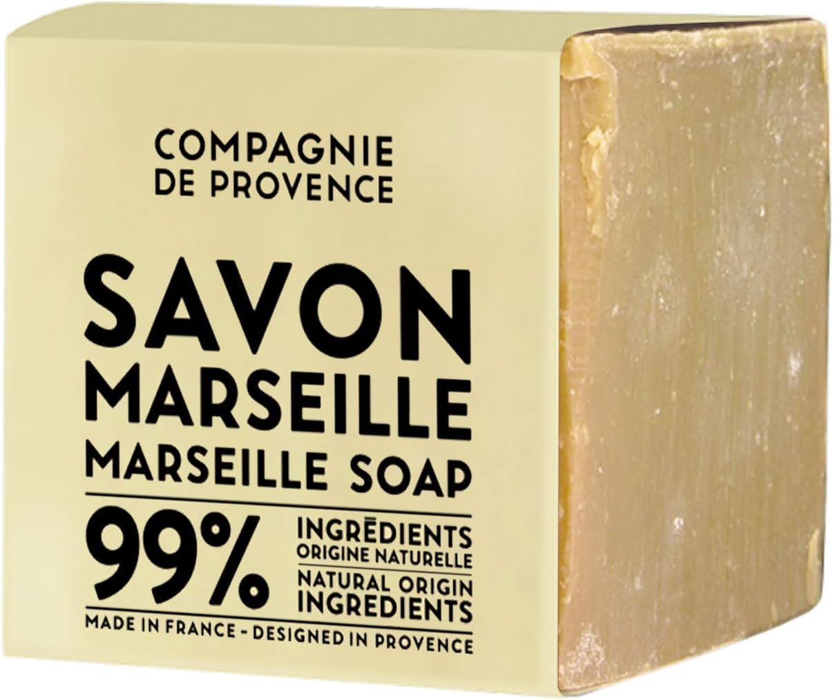 La Compagnie de Provence Savon Marseille Palm Soap Cube front label highlights authentic handmade quality.