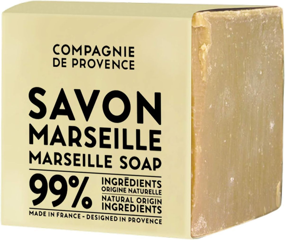 La Compagnie de Provence Savon Marseille Palm Soap Cube front label highlights authentic handmade quality.